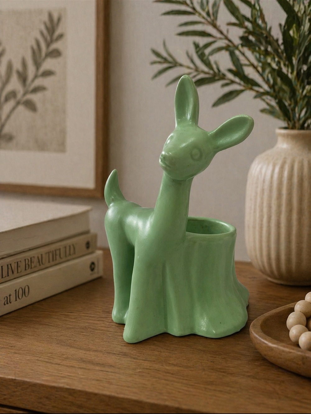 Haeger Pottery MCM Green Ceramic Fawn Deer Planter 75. Th Anniversary
